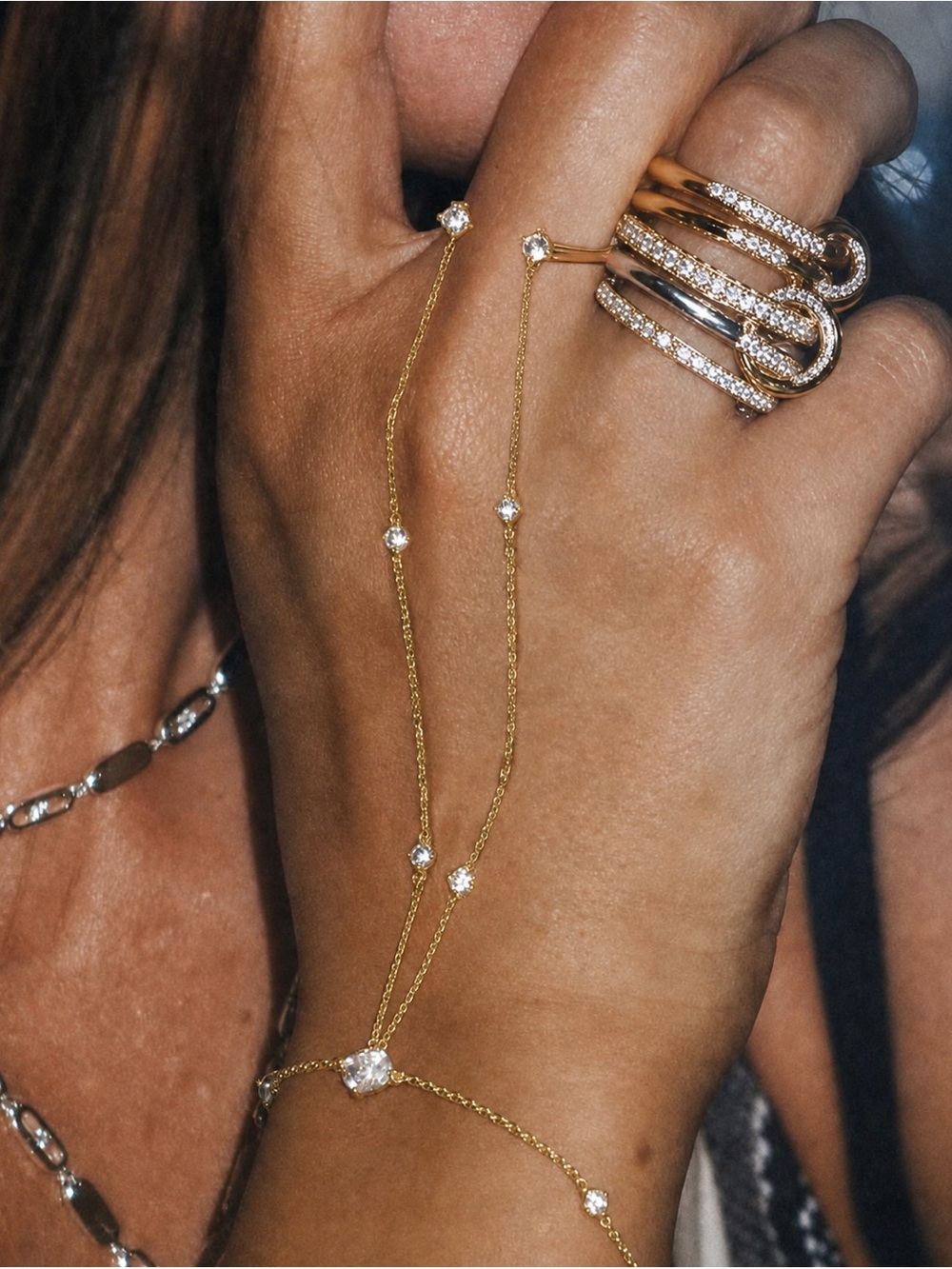 Gold Ring and Hand Chain with Sparkling Stones